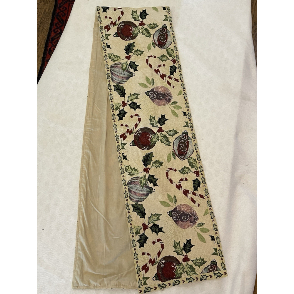 EUC Christmas Luxury Tapestry Table Runner Holly And Ornaments 12.5" x 88”